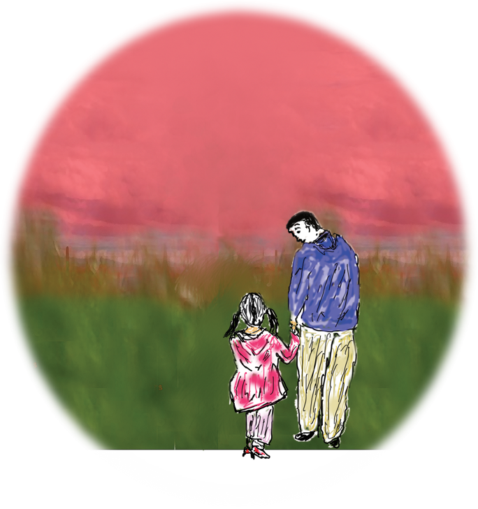 Arjun Sen's artwork of a father and daughter holding hands beneath a red sky