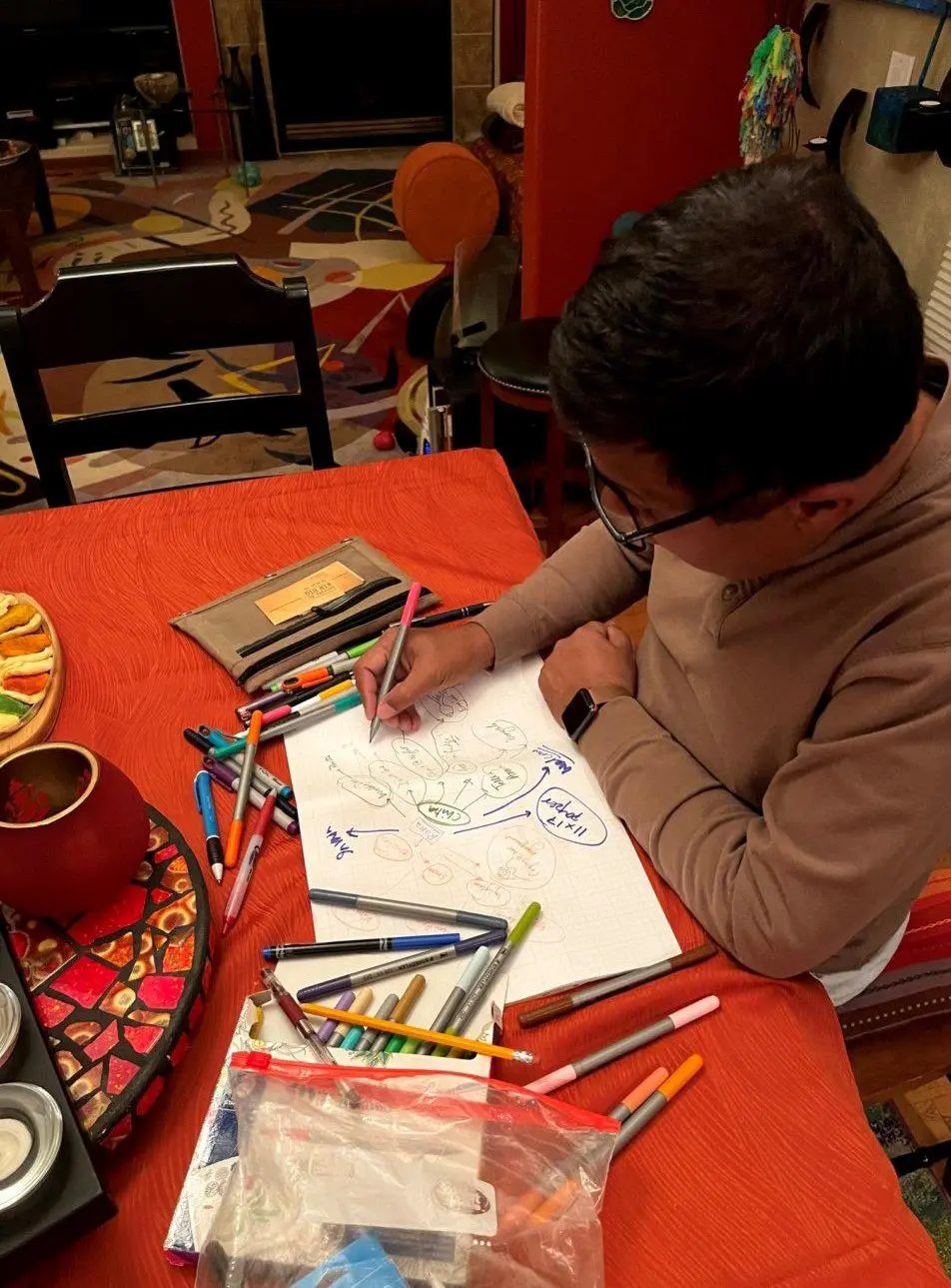 Arjun Sen drawing a large mind map at a table