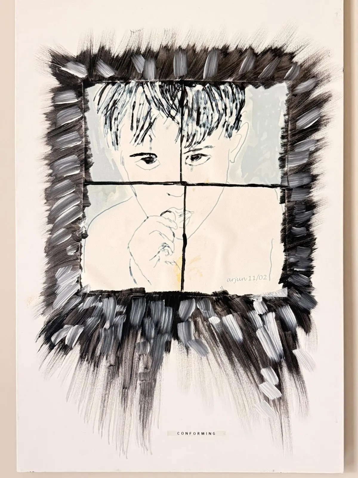Conforming, an artwork by Arjun Sen showing a boy behind a four-pane window